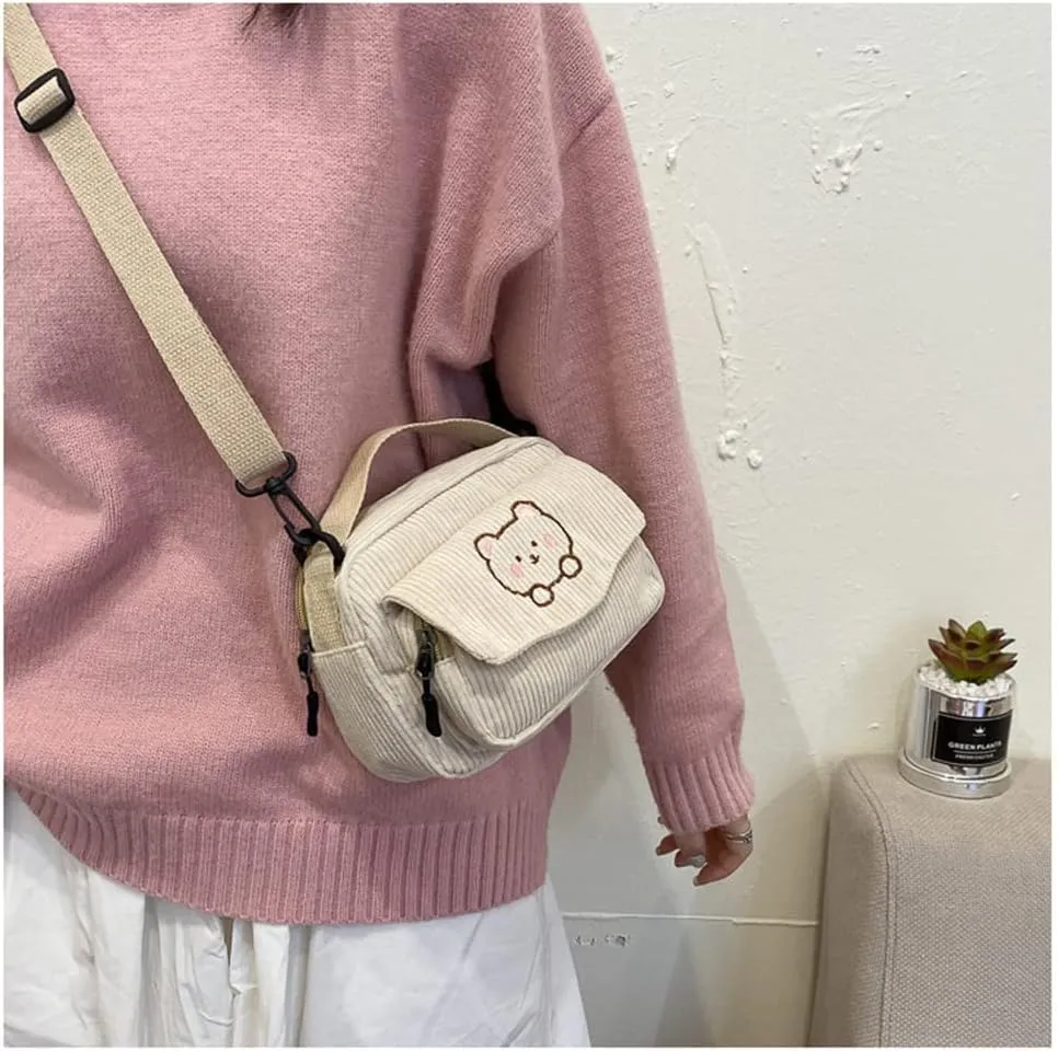 Cute Bags Kawaii Purse Wallets Aesthetic Small Corduroy Crossbody Bag with Bear Keychains Kawaii Gift for Women Teen Girls