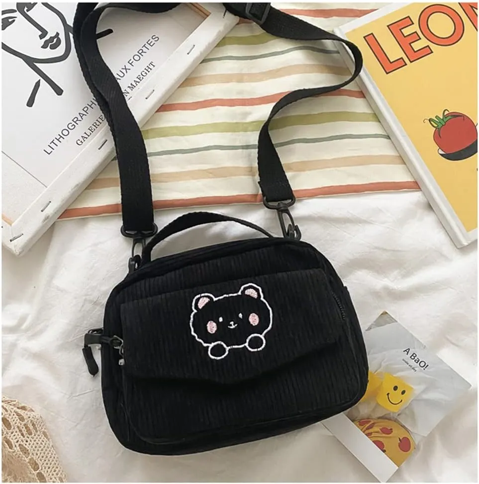 Cute Bags Kawaii Purse Wallets Aesthetic Small Corduroy Crossbody Bag with Bear Keychains Kawaii Gift for Women Teen Girls