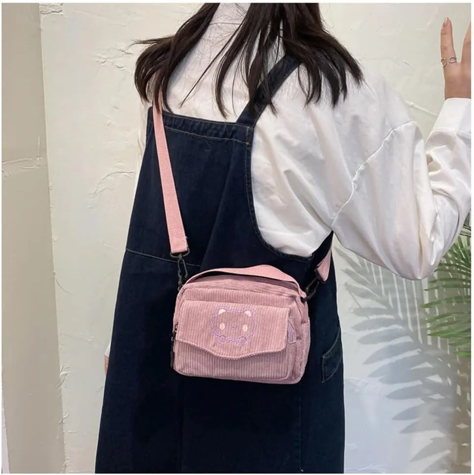 Cute Bags Kawaii Purse Wallets Aesthetic Small Corduroy Crossbody Bag with Bear Keychains Kawaii Gift for Women Teen Girls