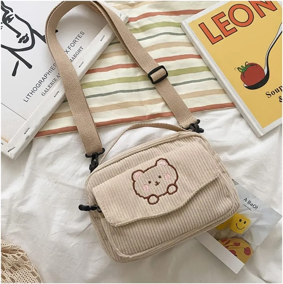 Cute Bags Kawaii Purse Wallets Aesthetic Small Corduroy Crossbody Bag with Bear Keychains Kawaii Gift for Women Teen Girls
