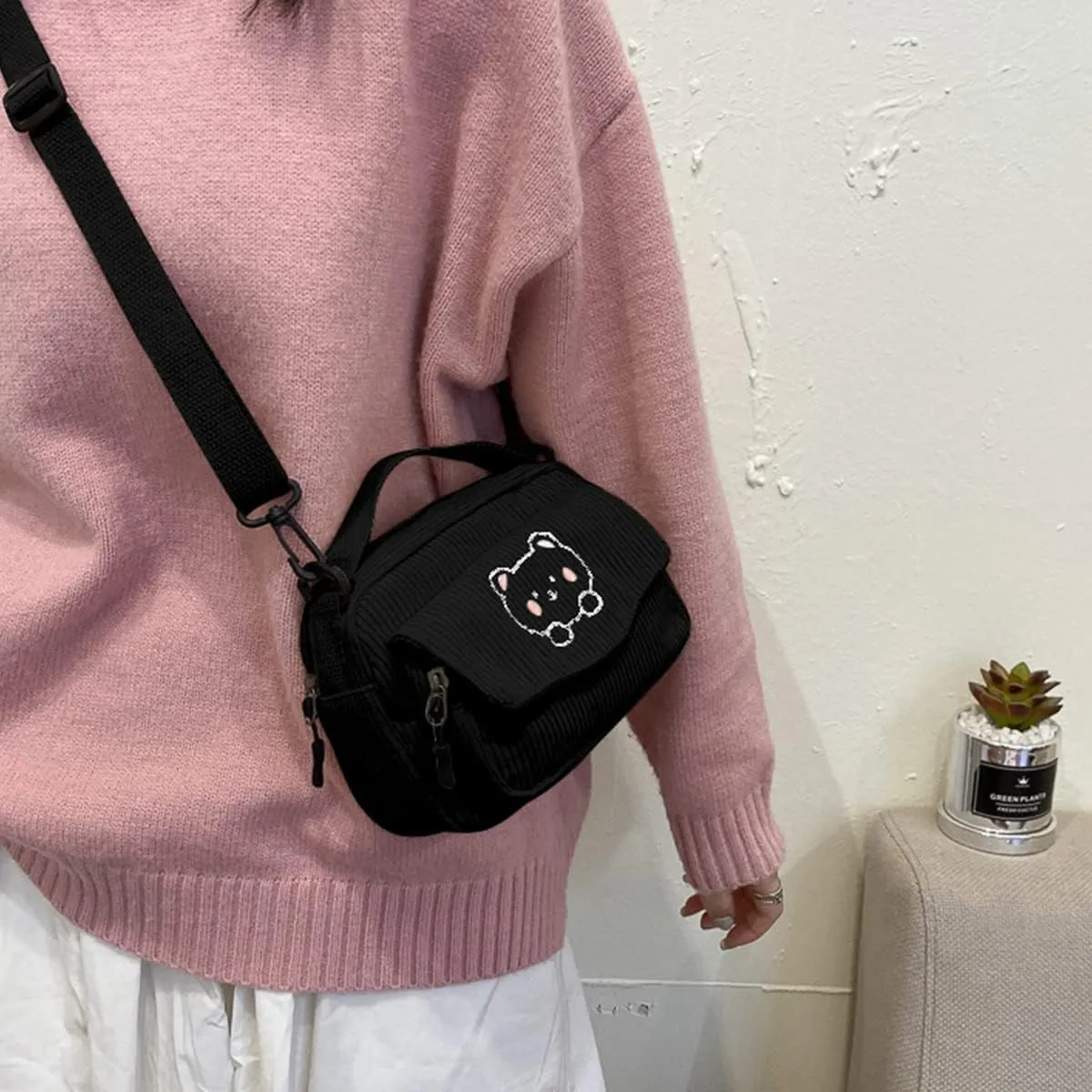 Cute Bags Kawaii Purse Wallets Aesthetic Small Corduroy Crossbody Bag with Bear Keychains Kawaii Gift for Women Teen Girls