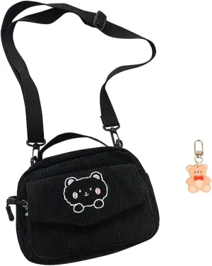 Cute Bags Kawaii Purse Wallets Aesthetic Small Corduroy Crossbody Bag with Bear Keychains Kawaii Gift for Women Teen Girls