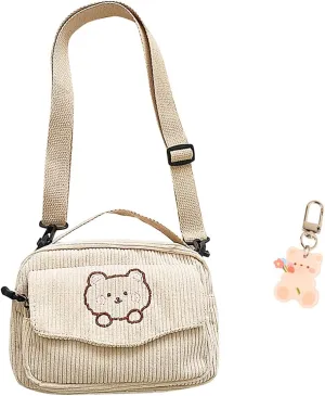 Cute Bags Kawaii Purse Wallets Aesthetic Small Corduroy Crossbody Bag with Bear Keychains Kawaii Gift for Women Teen Girls