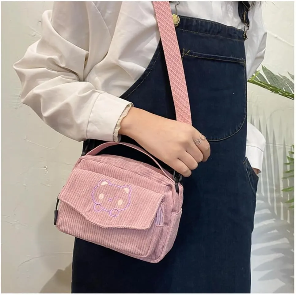 Cute Bags Kawaii Purse Wallets Aesthetic Small Corduroy Crossbody Bag with Bear Keychains Kawaii Gift for Women Teen Girls