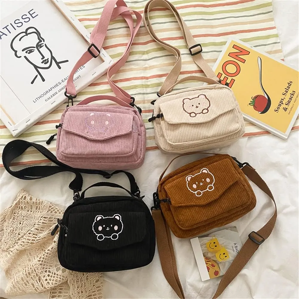 Cute Bags Kawaii Purse Wallets Aesthetic Small Corduroy Crossbody Bag with Bear Keychains Kawaii Gift for Women Teen Girls