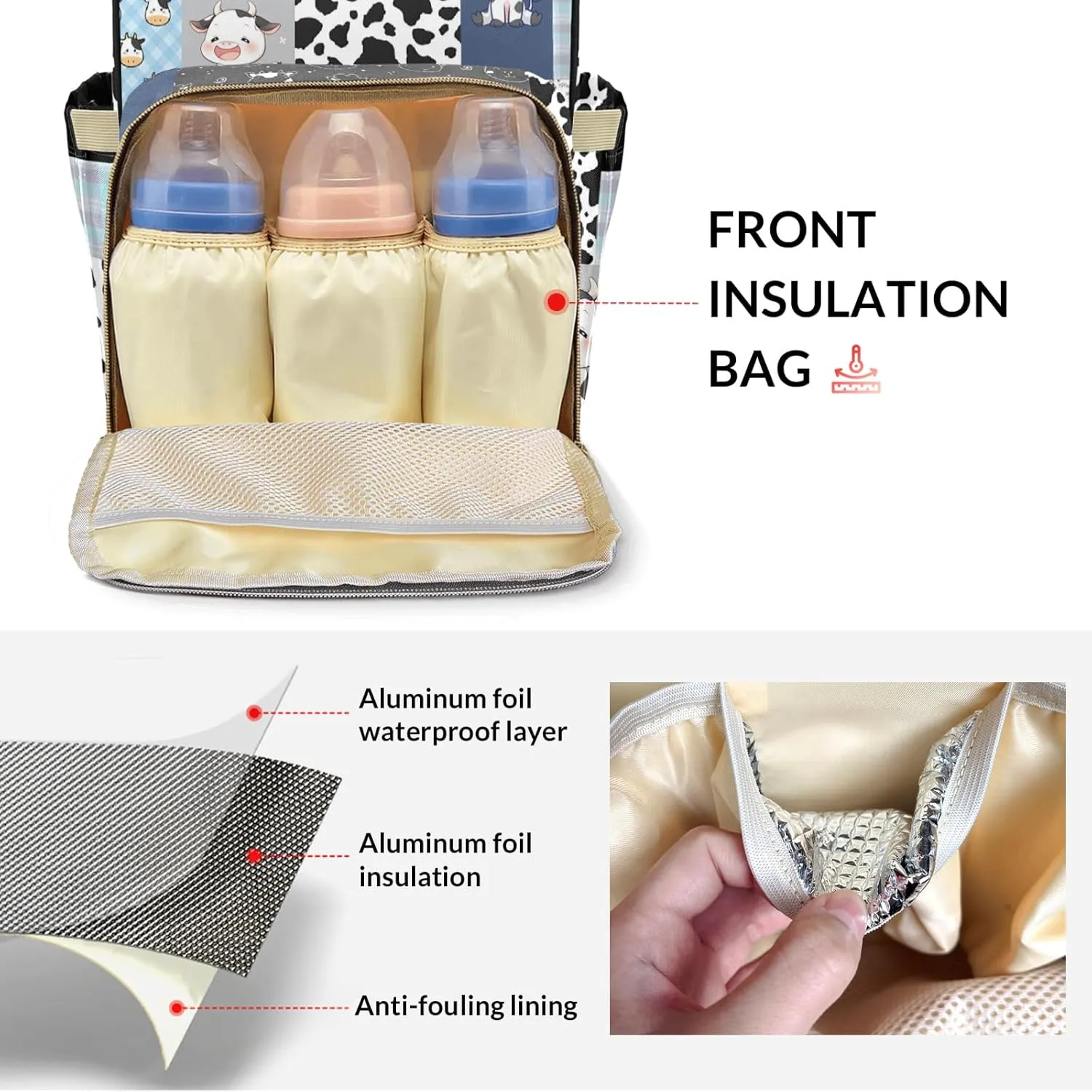 Cute Cow Print Pattern Patchwork Personalized Diaper Bag Backpack Name Custom Mommy Nappy Baby Bag Daypack for Mom Dad Gifts