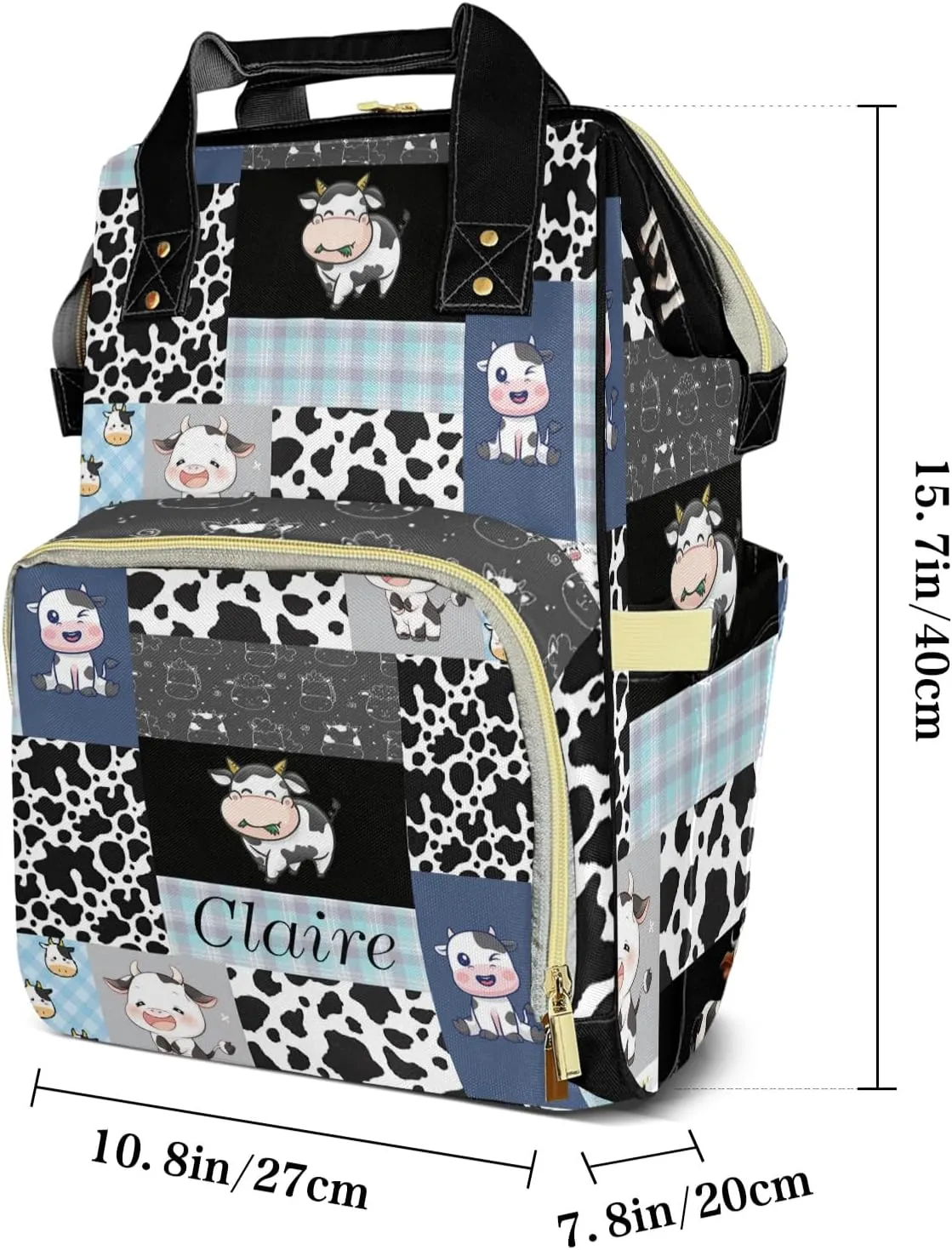 Cute Cow Print Pattern Patchwork Personalized Diaper Bag Backpack Name Custom Mommy Nappy Baby Bag Daypack for Mom Dad Gifts