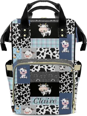 Cute Cow Print Pattern Patchwork Personalized Diaper Bag Backpack Name Custom Mommy Nappy Baby Bag Daypack for Mom Dad Gifts