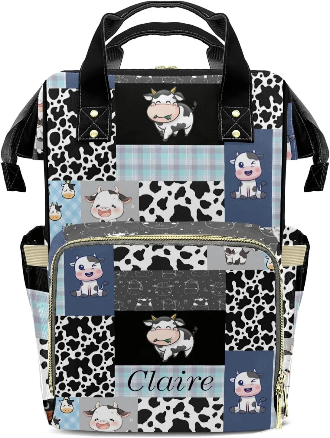 Cute Cow Print Pattern Patchwork Personalized Diaper Bag Backpack Name Custom Mommy Nappy Baby Bag Daypack for Mom Dad Gifts