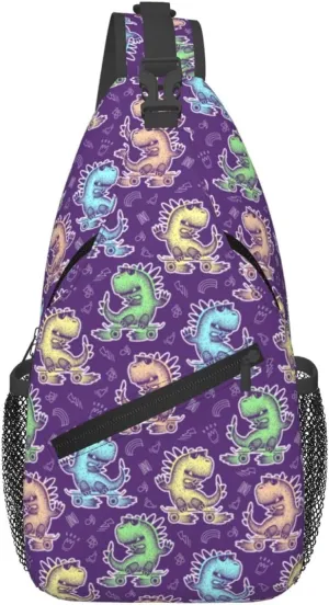 Cute Dinosaur Glasses Rides Skate Chest Sling Bag Crossbody Shoulder Backpack Bag Gym Cycling Daypack Travel Hiking Cross Bag