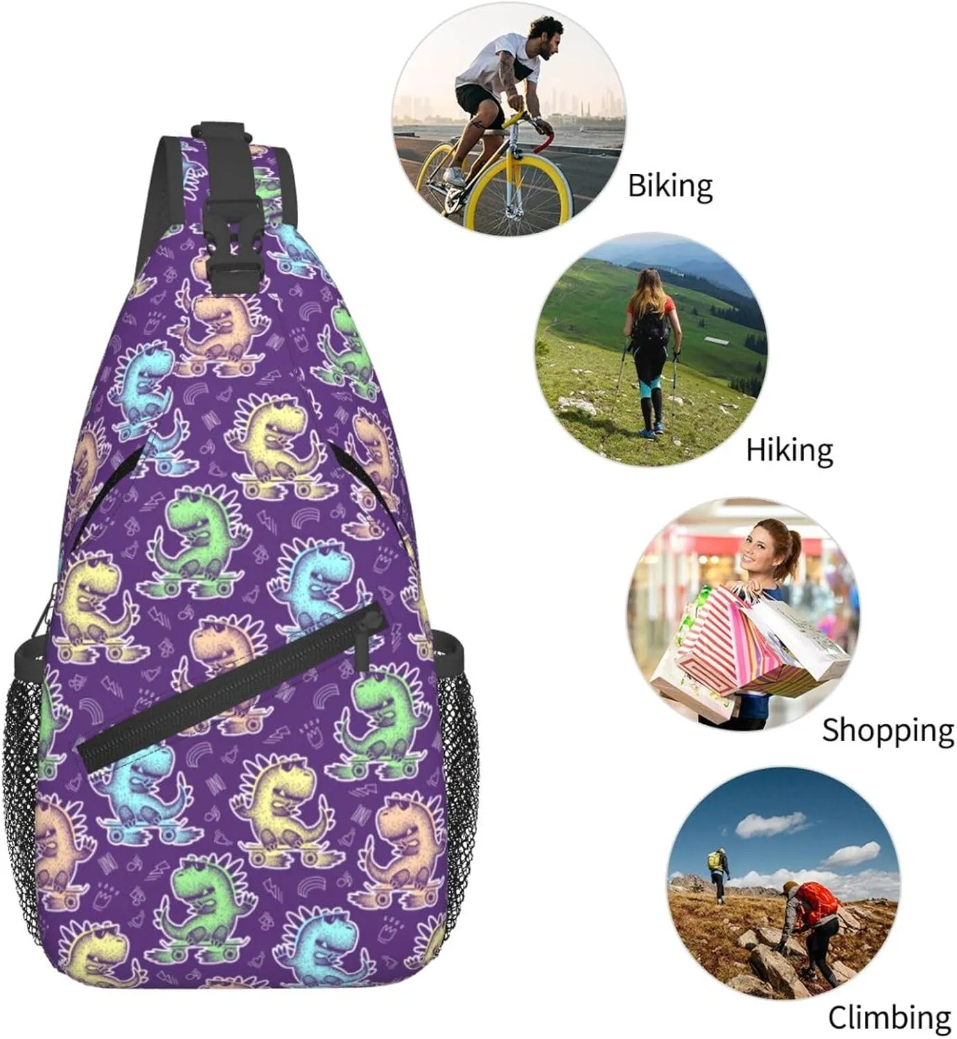 Cute Dinosaur Glasses Rides Skate Chest Sling Bag Crossbody Shoulder Backpack Bag Gym Cycling Daypack Travel Hiking Cross Bag