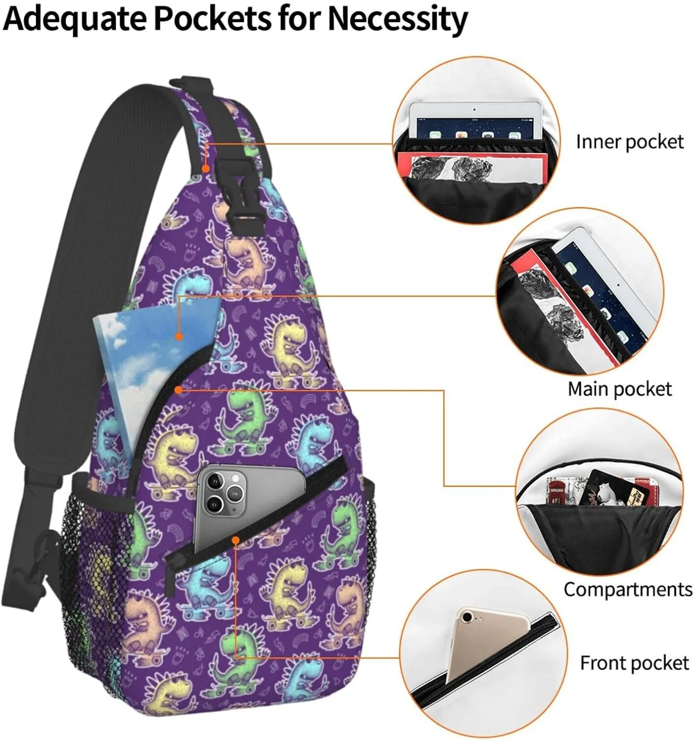Cute Dinosaur Glasses Rides Skate Chest Sling Bag Crossbody Shoulder Backpack Bag Gym Cycling Daypack Travel Hiking Cross Bag