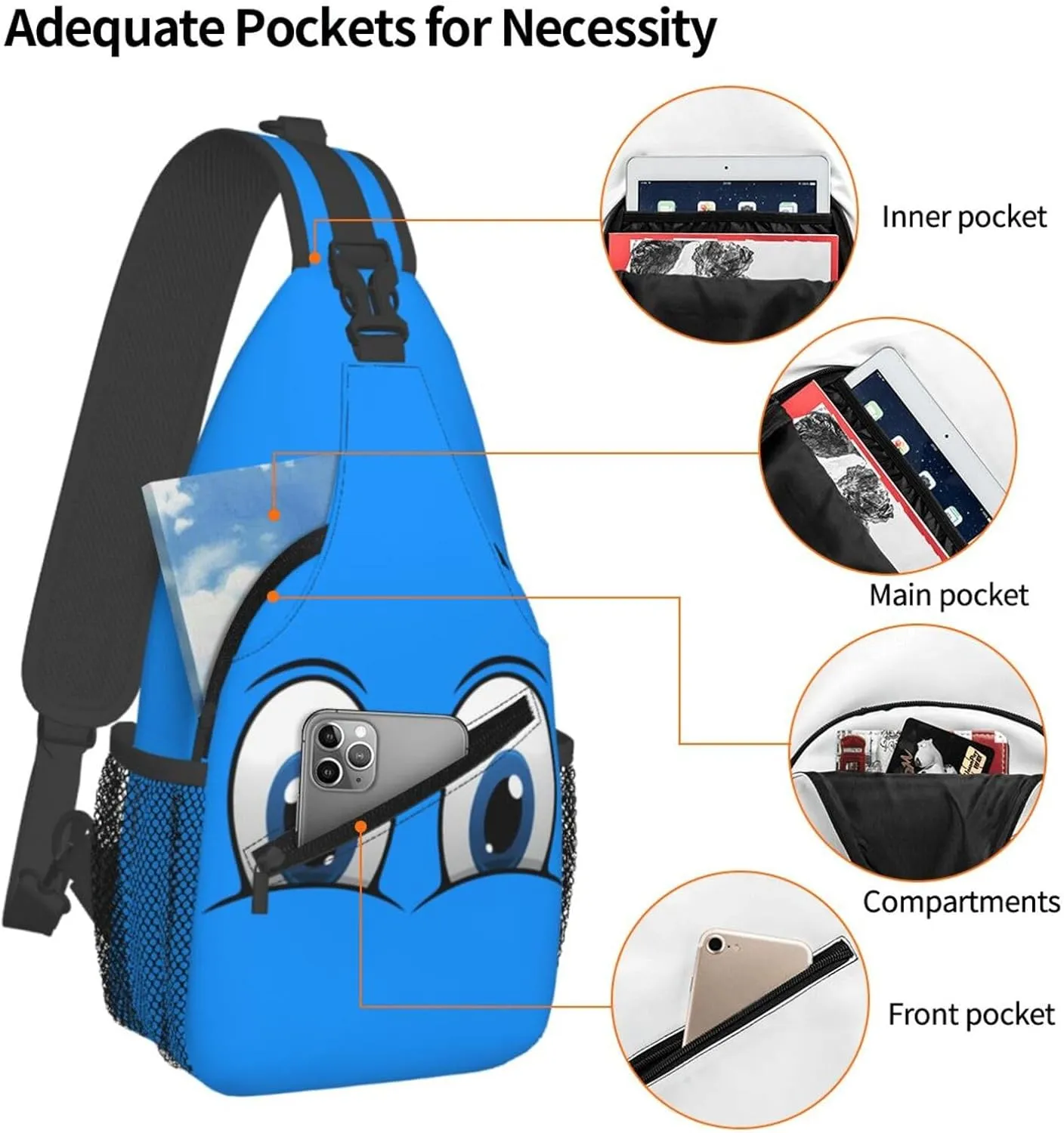 Cute Funny Cartoon Sketch Eyes Crossbody Bag Cross Chest Bag Adjustable Sling Backpack Sports Gym Shoulder Bags Travel Cycling Daypack Diagonally Casual Rucksack