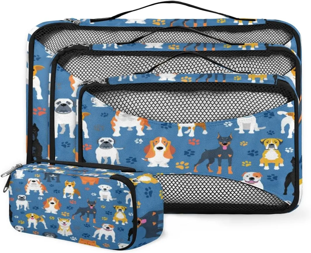 Cute Paw Print Dog Pattern 4 Piece Packing Travel Organizer Cubes Set Mesh Fabric Ventilate Design Lightweight Travel Accessories 4 Sizes (Extra Large, Large, Medium, Small)