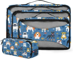Cute Paw Print Dog Pattern 4 Piece Packing Travel Organizer Cubes Set Mesh Fabric Ventilate Design Lightweight Travel Accessories 4 Sizes (Extra Large, Large, Medium, Small)