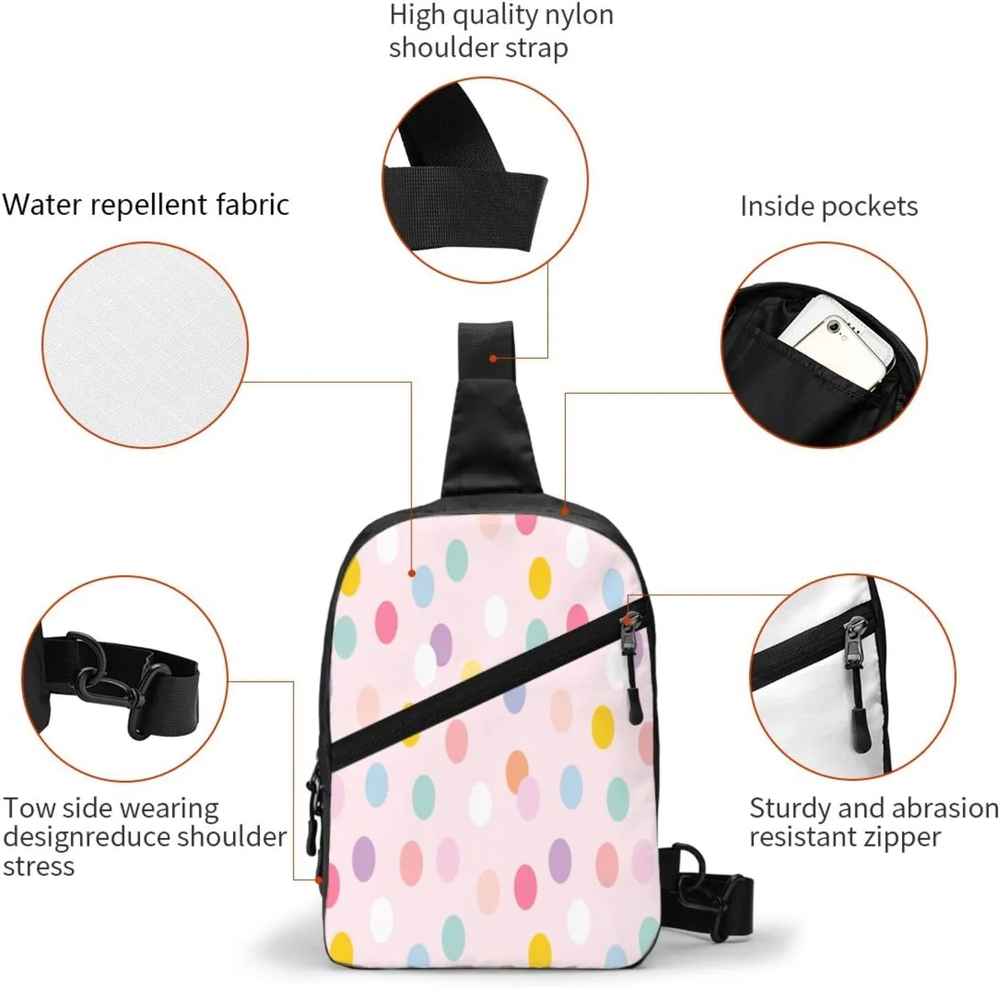 Cute Polka Dots 1 Sling Bag for Men Women, Small Crossbody Sling Backpack Shoulder Chest Bag, Anti Theft Travel Hiking Sports