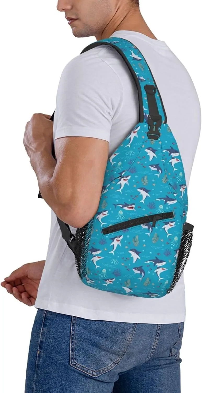 Cute Sharks Playing In The Ocean Chest Sling Bag Crossbody Shoulder Backpack Bag Gym Cycling Daypack Travel Hiking Cross Bag
