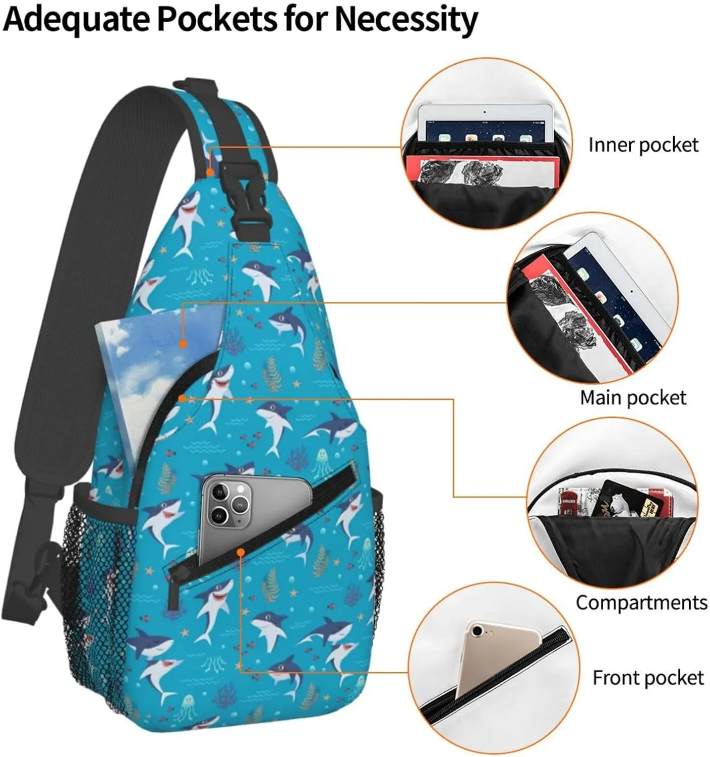 Cute Sharks Playing In The Ocean Chest Sling Bag Crossbody Shoulder Backpack Bag Gym Cycling Daypack Travel Hiking Cross Bag