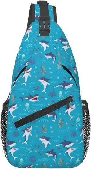 Cute Sharks Playing In The Ocean Chest Sling Bag Crossbody Shoulder Backpack Bag Gym Cycling Daypack Travel Hiking Cross Bag