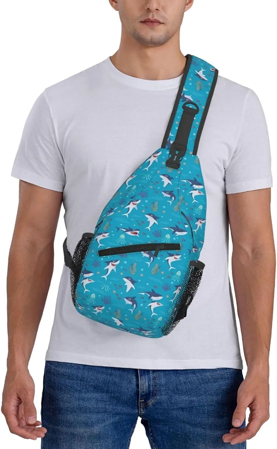 Cute Sharks Playing In The Ocean Chest Sling Bag Crossbody Shoulder Backpack Bag Gym Cycling Daypack Travel Hiking Cross Bag