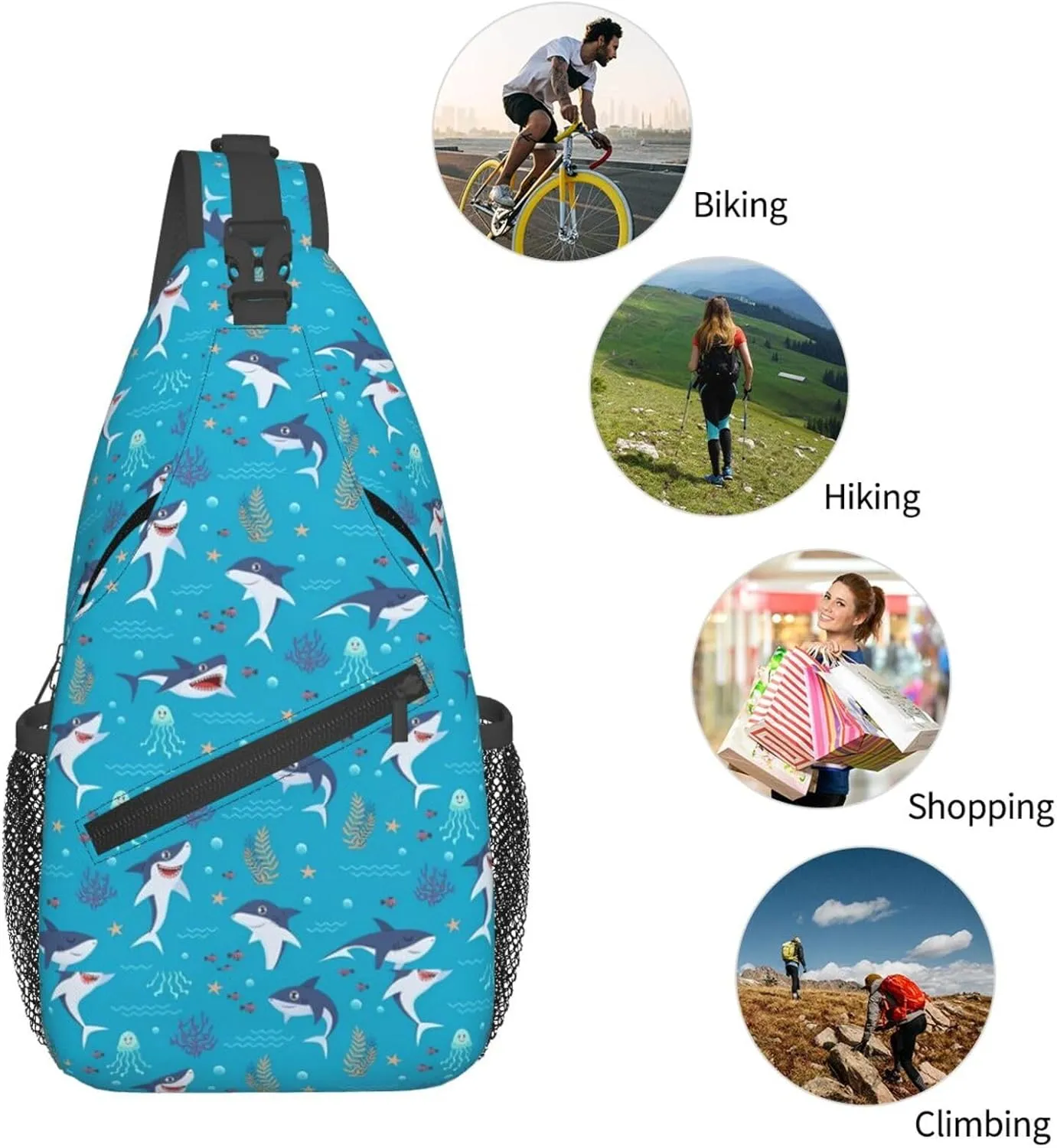 Cute Sharks Playing In The Ocean Chest Sling Bag Crossbody Shoulder Backpack Bag Gym Cycling Daypack Travel Hiking Cross Bag