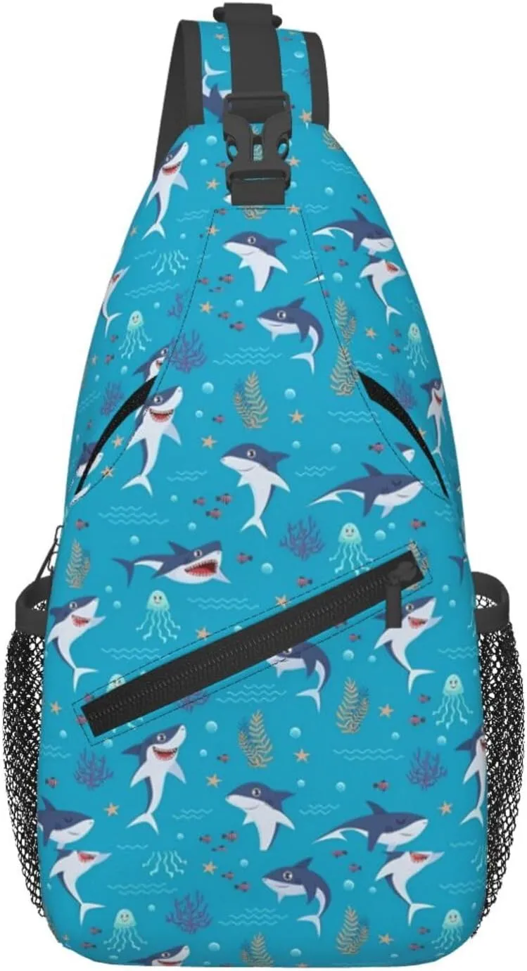Cute Sharks Playing In The Ocean Chest Sling Bag Crossbody Shoulder Backpack Bag Gym Cycling Daypack Travel Hiking Cross Bag