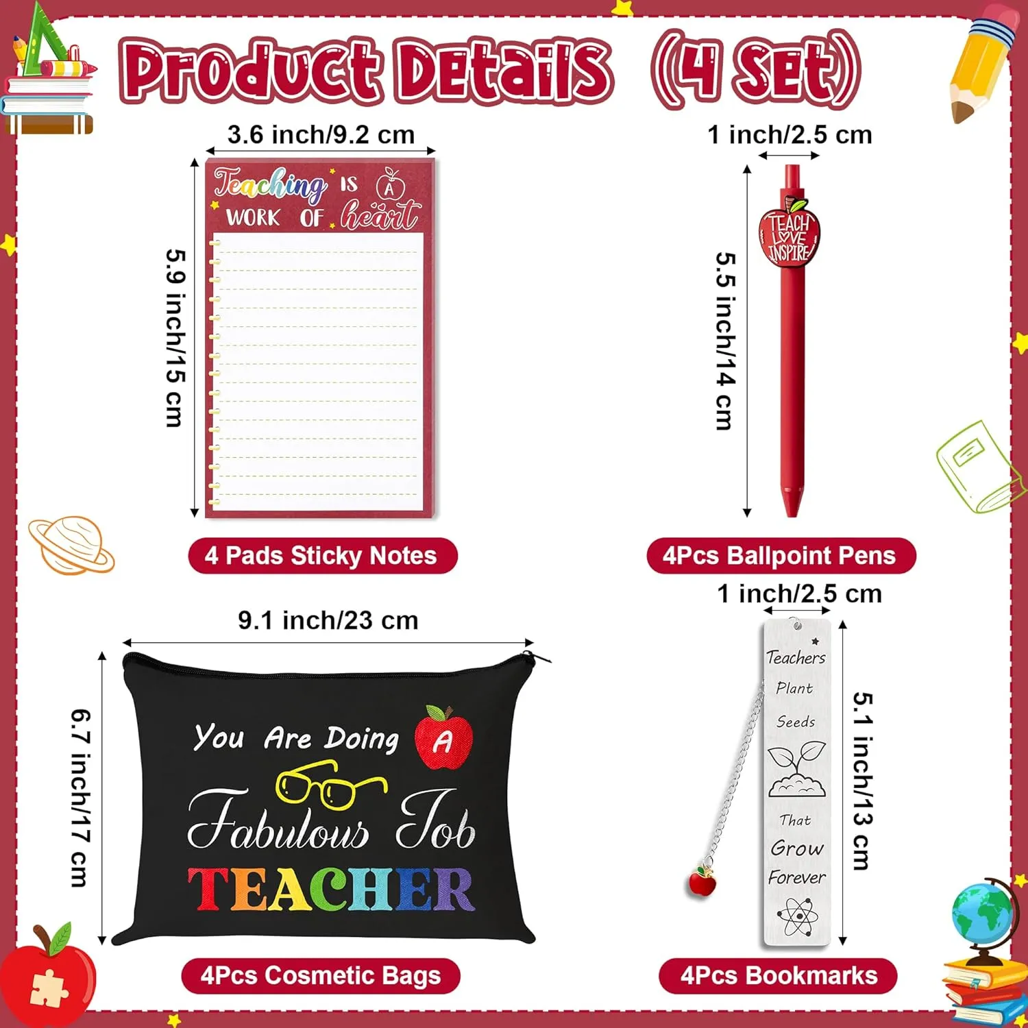 CY2SIDE Teachers Appreciation Gifts Set - 16PCS Back to School Thank You Gifts Set Include Black Cosmetic Bags, Red Sticky Notes, Pens and Metal Bookmarks with Tassels for Best Teachers Women, 4 Sets