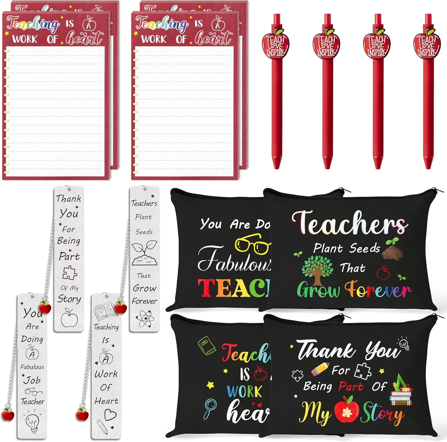 CY2SIDE Teachers Appreciation Gifts Set - 16PCS Back to School Thank You Gifts Set Include Black Cosmetic Bags, Red Sticky Notes, Pens and Metal Bookmarks with Tassels for Best Teachers Women, 4 Sets