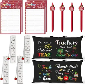 CY2SIDE Teachers Appreciation Gifts Set - 16PCS Back to School Thank You Gifts Set Include Black Cosmetic Bags, Red Sticky Notes, Pens and Metal Bookmarks with Tassels for Best Teachers Women, 4 Sets