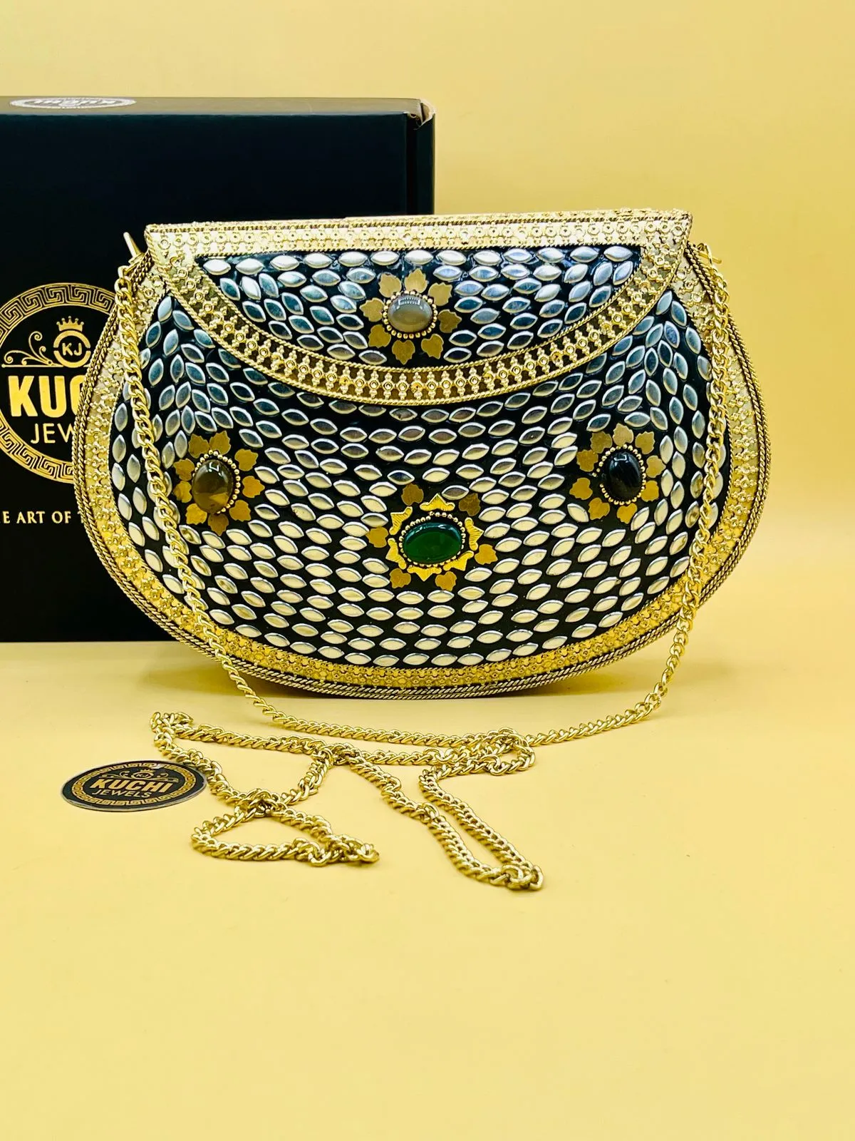 D Shape Stone Metal Golden Bag
