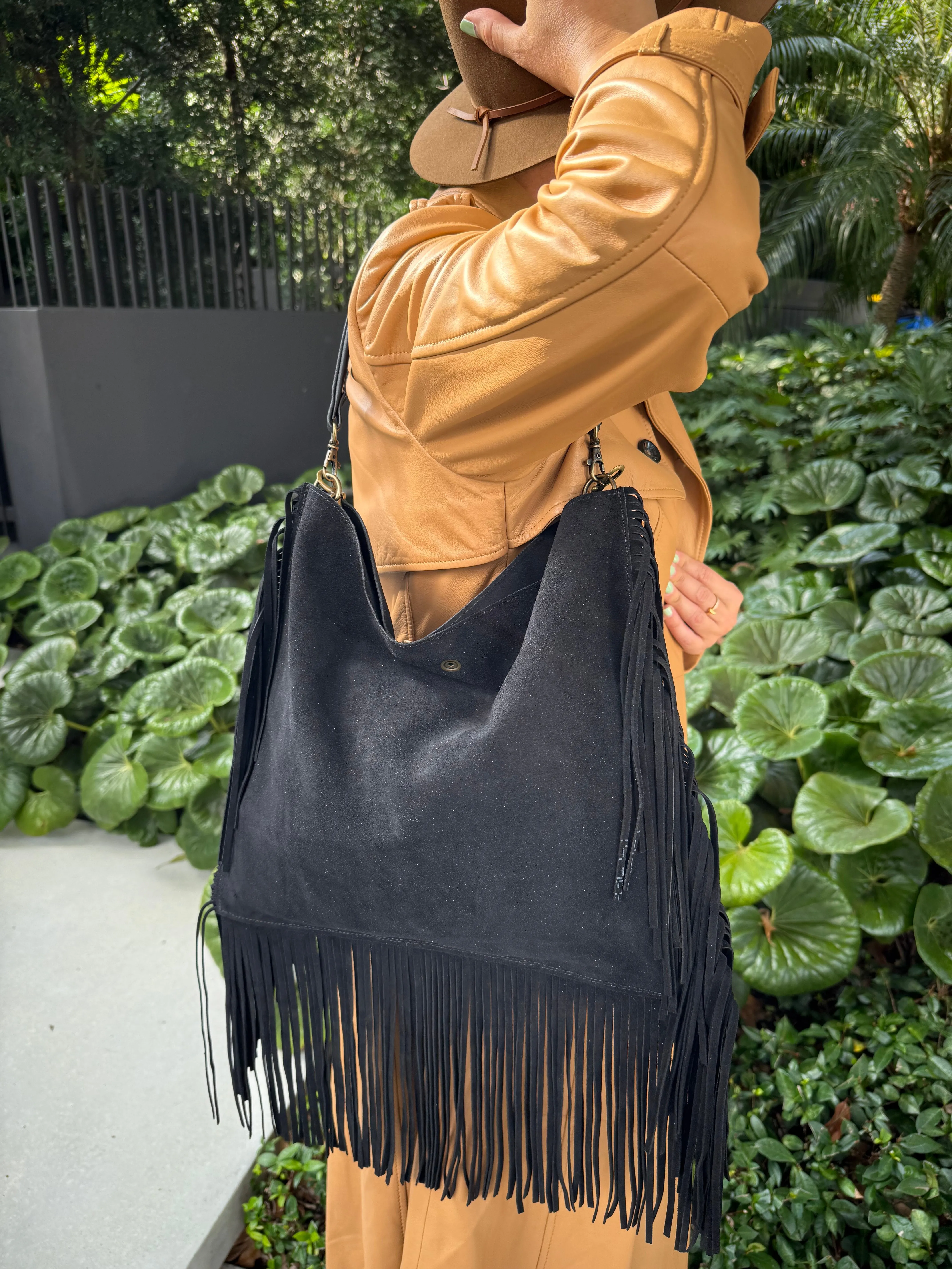 Dakota Fringed Hobo Bag — Black Suede