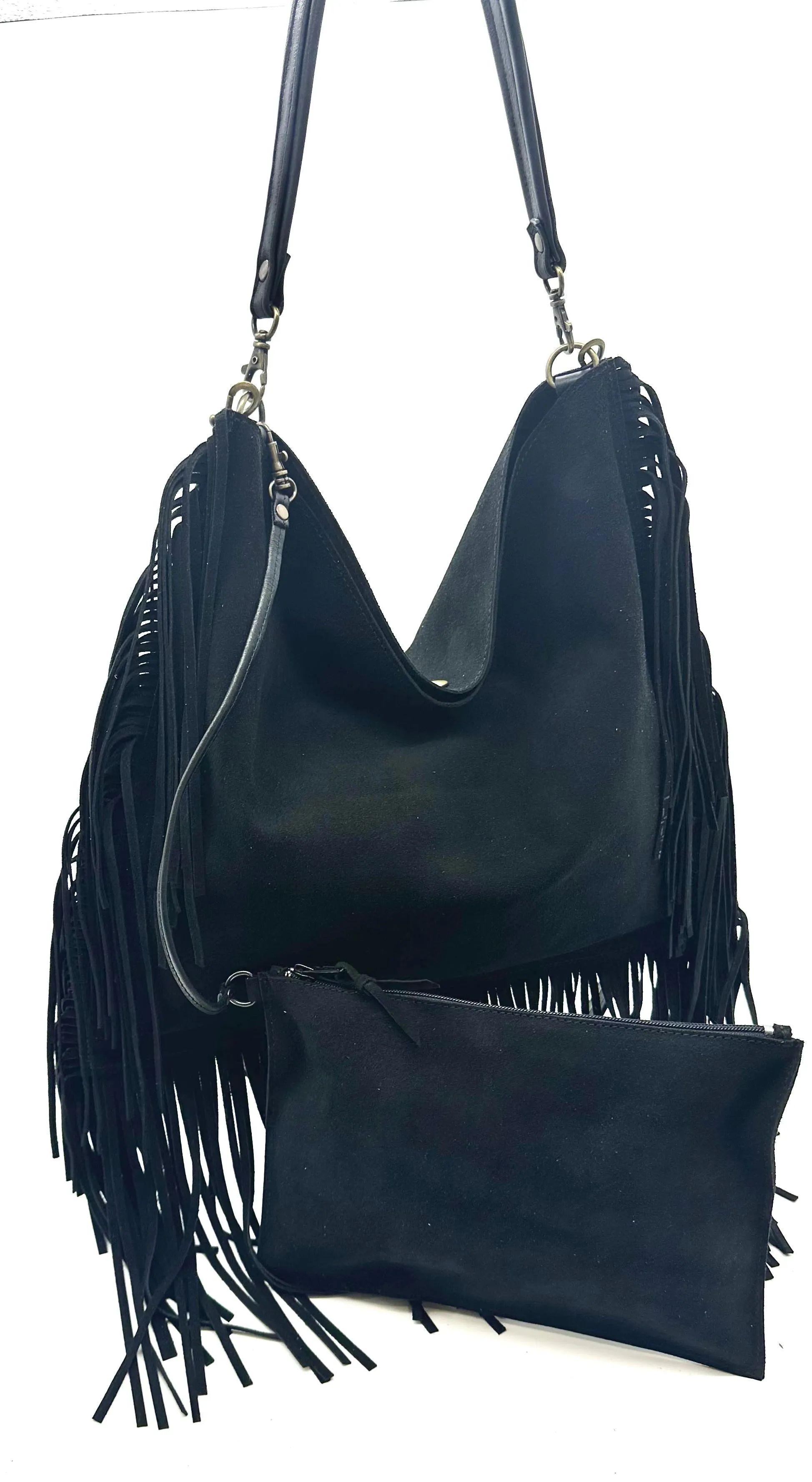 Dakota Fringed Hobo Bag — Black Suede