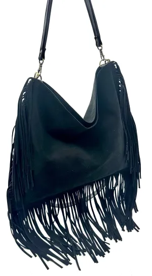 Dakota Fringed Hobo Bag — Black Suede