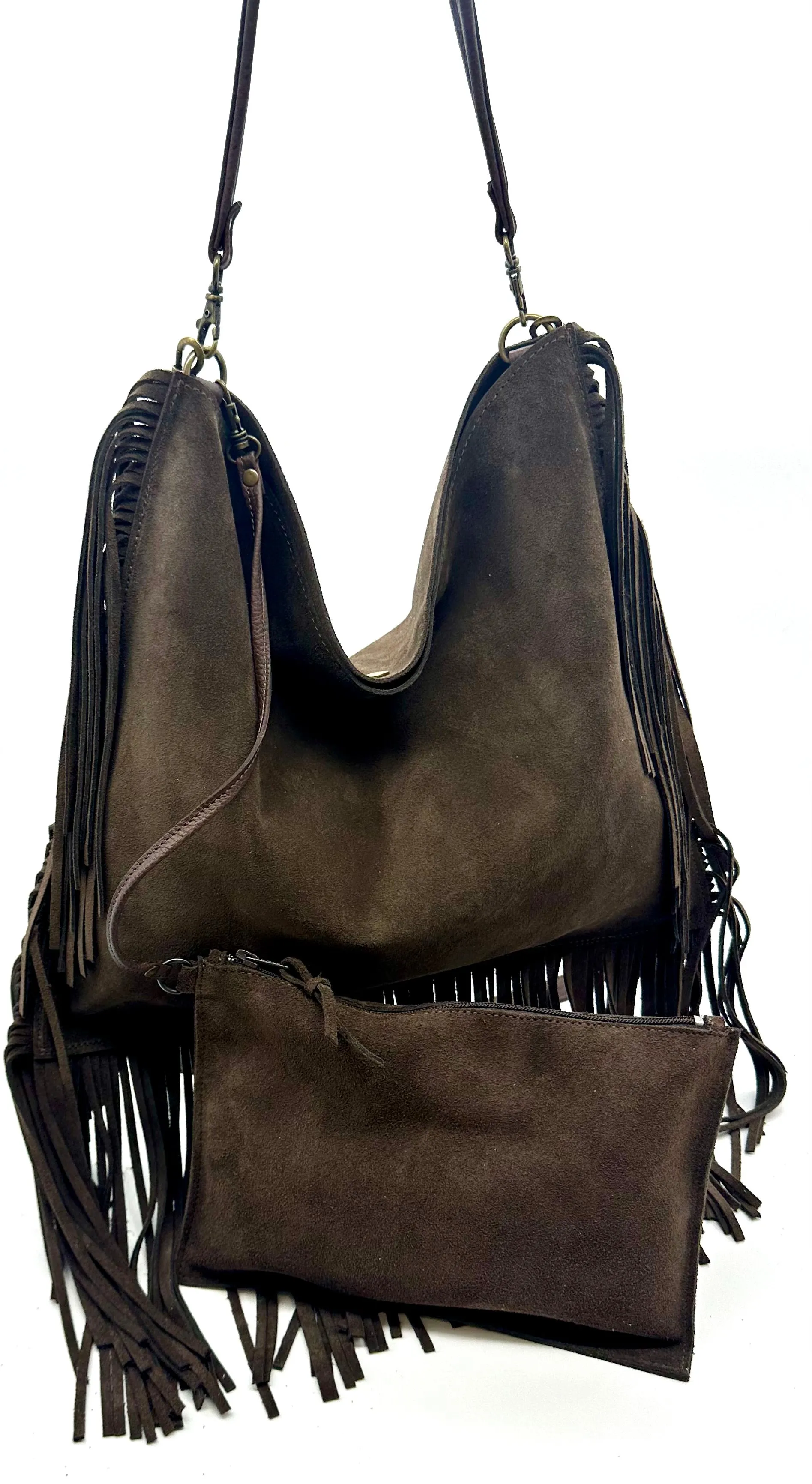 Dakota Fringed Hobo Bag — Dark Chocolate suede