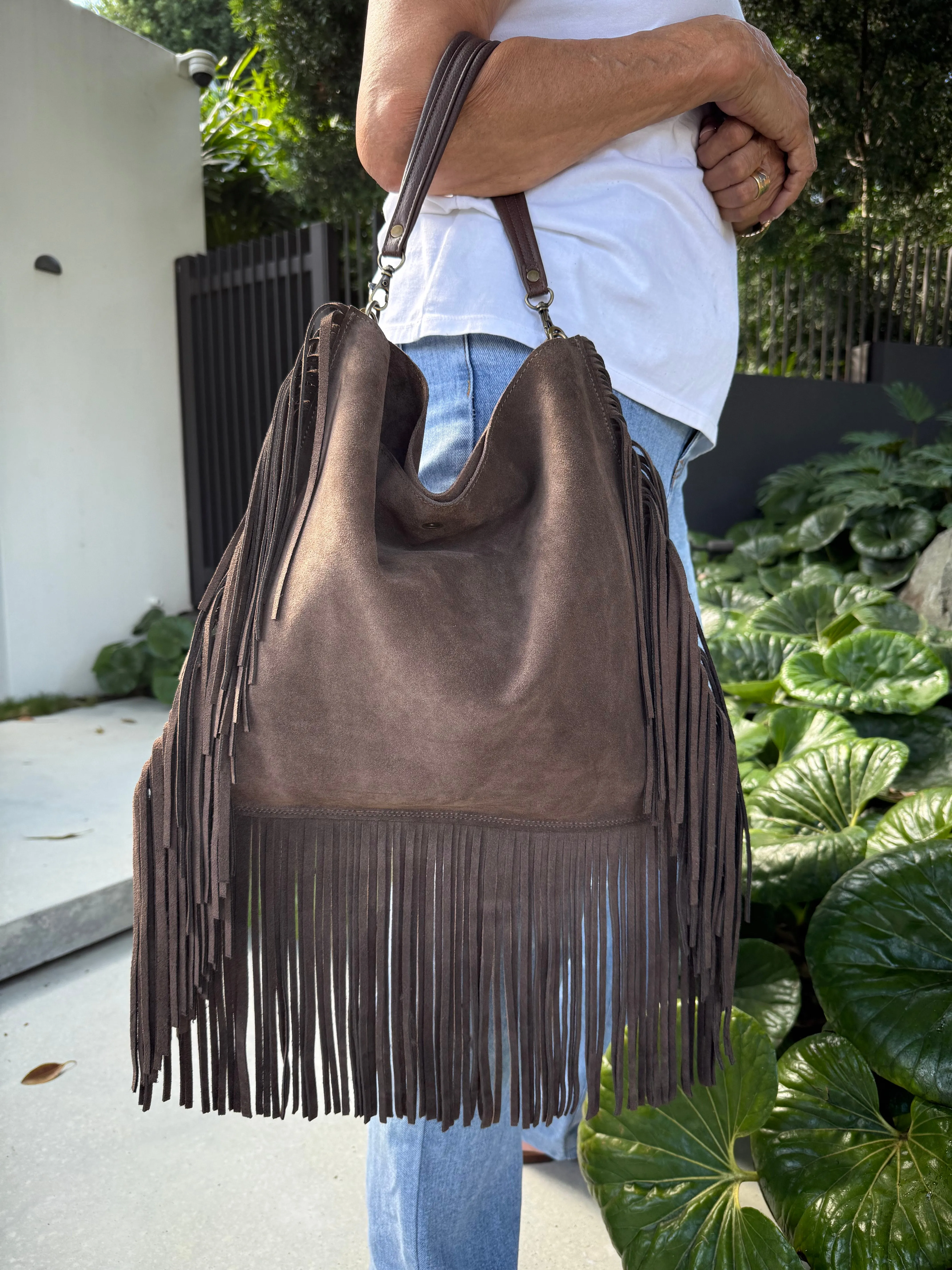 Dakota Fringed Hobo Bag — Dark Chocolate suede