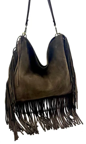 Dakota Fringed Hobo Bag — Dark Chocolate suede
