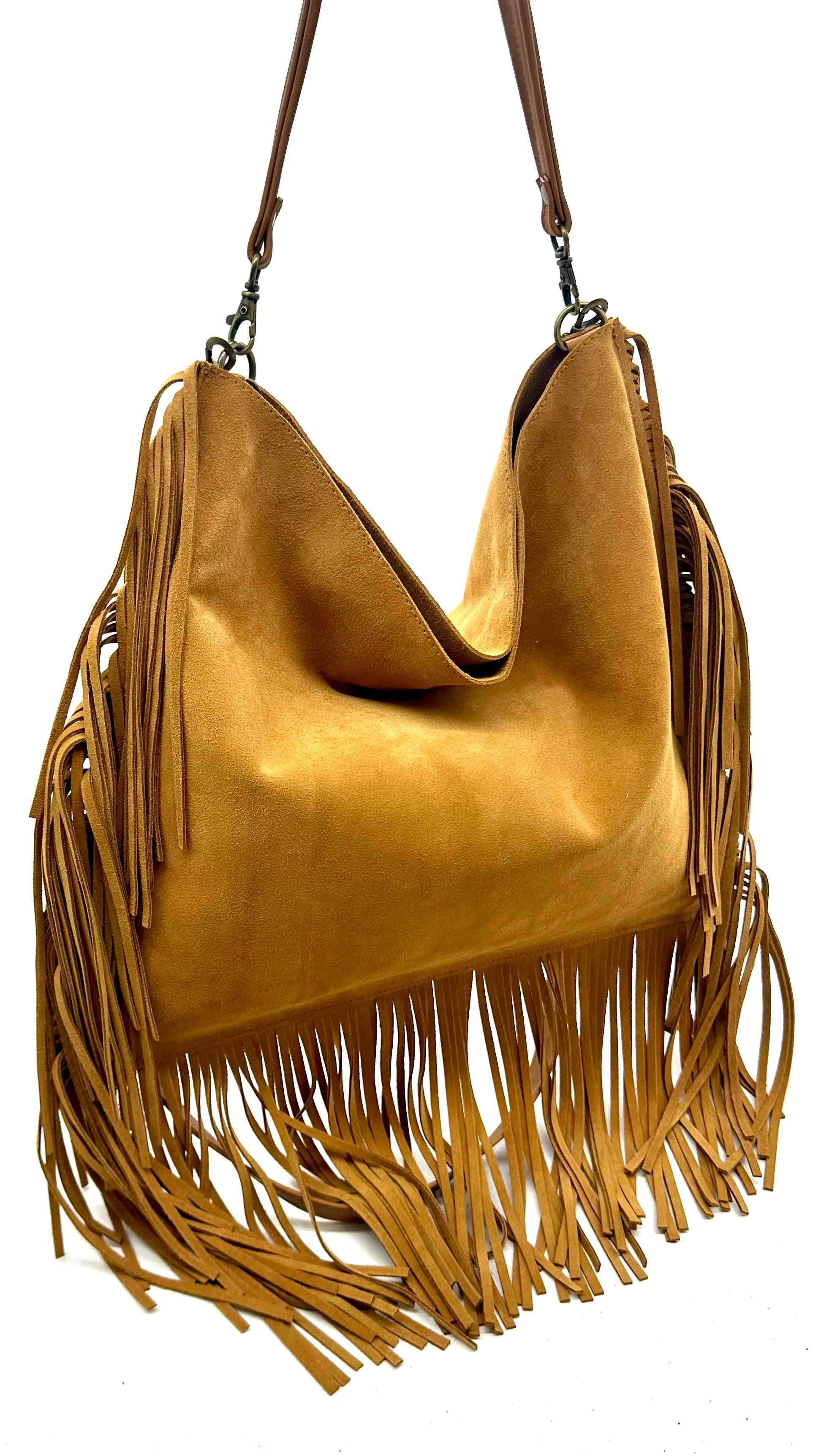 Dakota Fringed Hobo Bag — Light Tan Suede