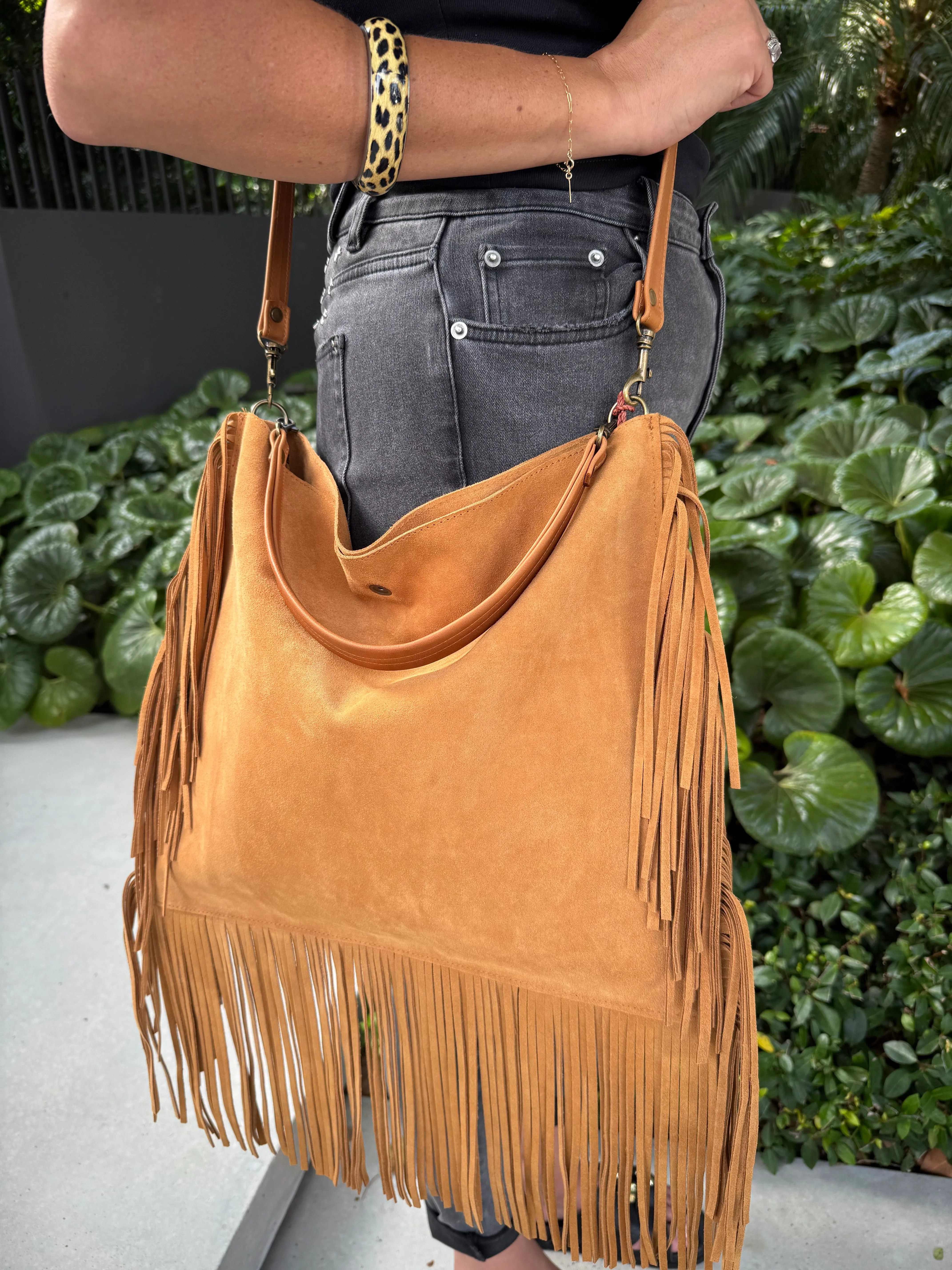 Dakota Fringed Hobo Bag — Light Tan Suede