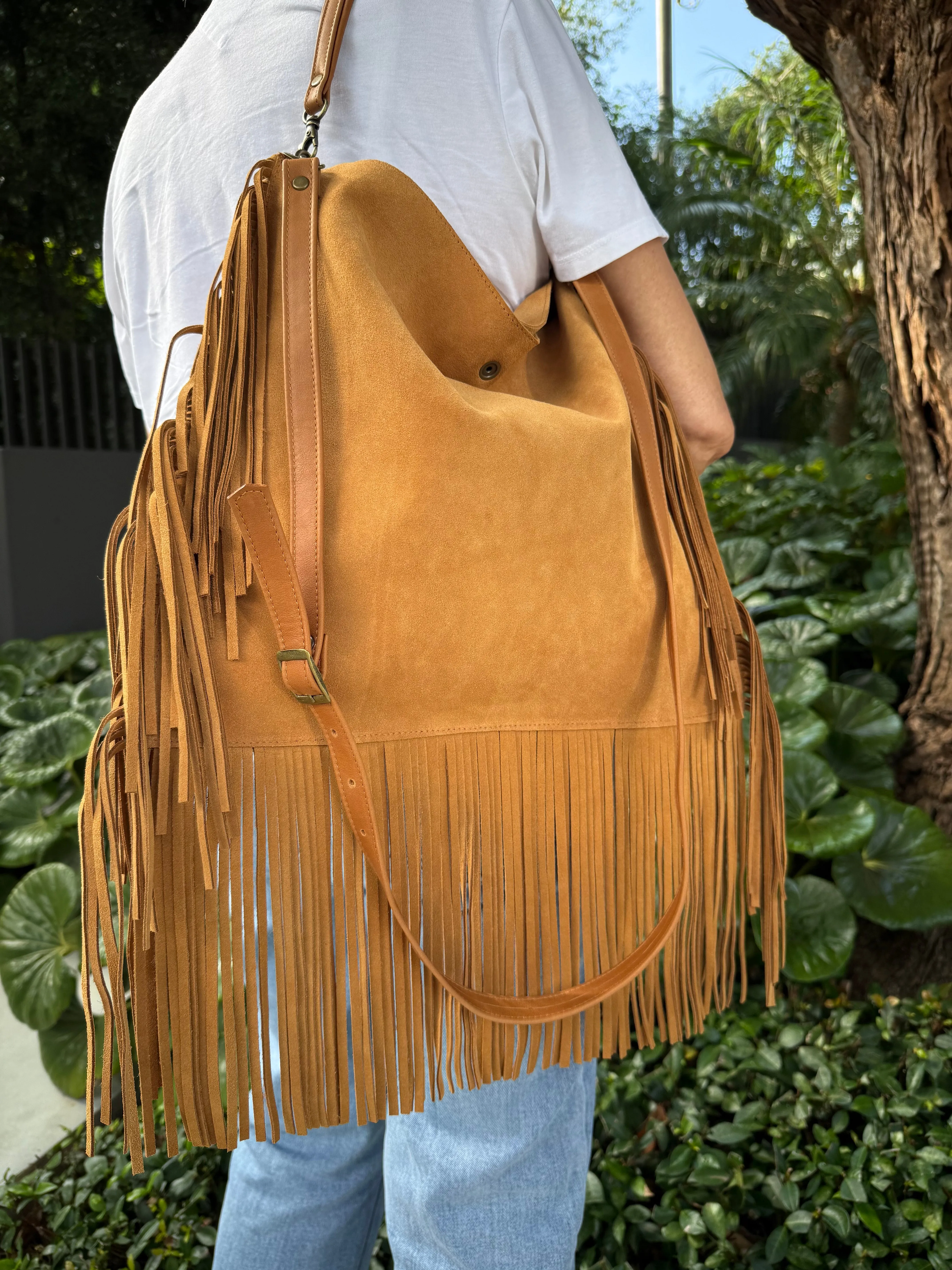 Dakota Fringed Hobo Bag — Light Tan Suede