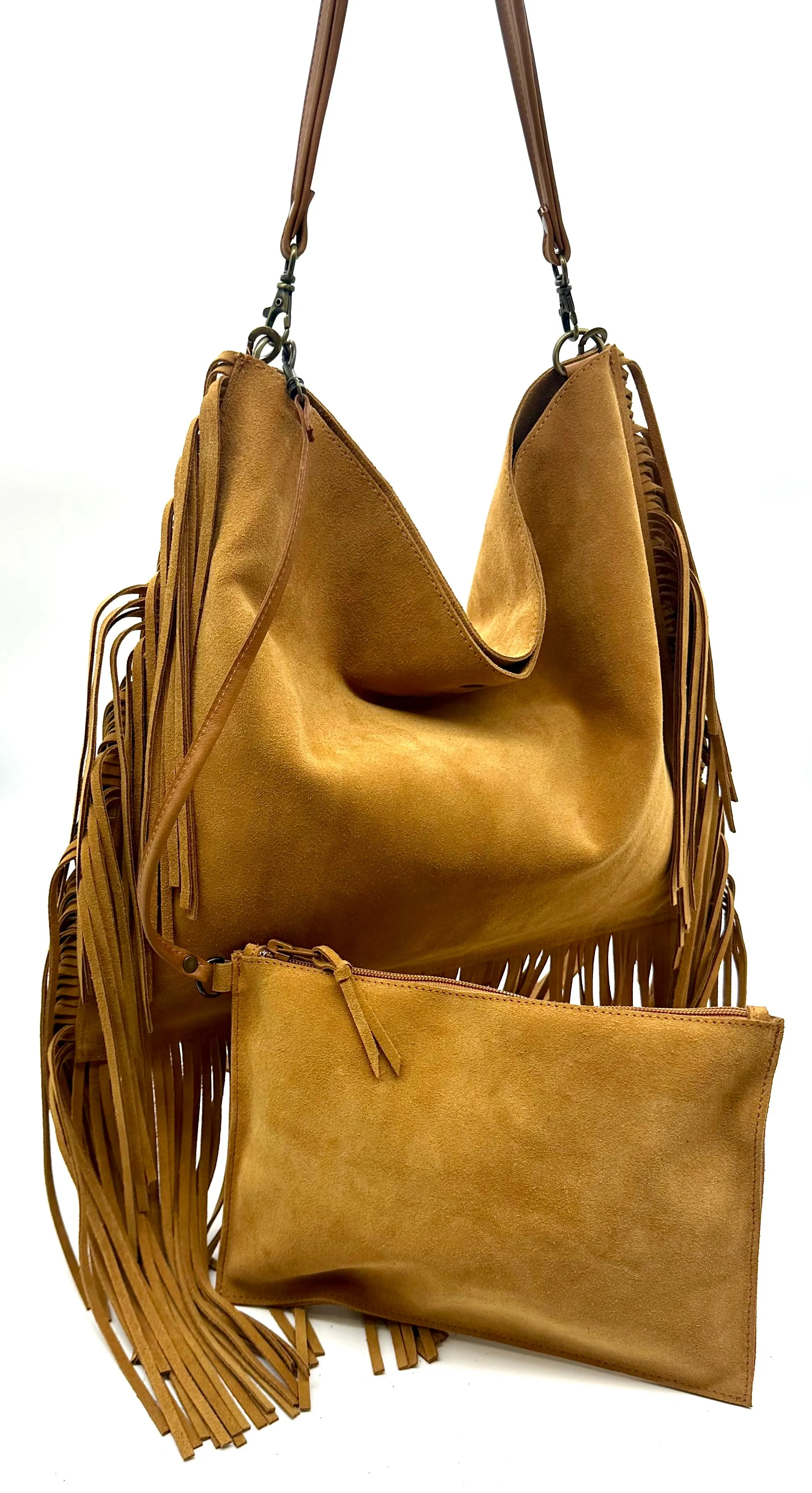Dakota Fringed Hobo Bag — Light Tan Suede