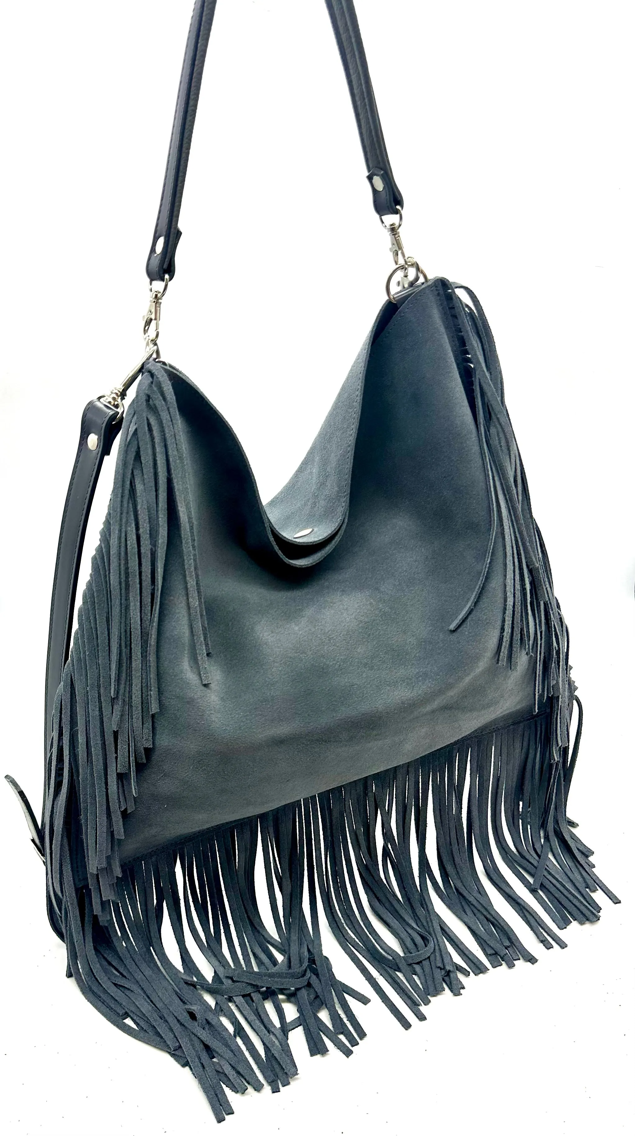 Dakota Fringed Hobo — Stormy Grey suede