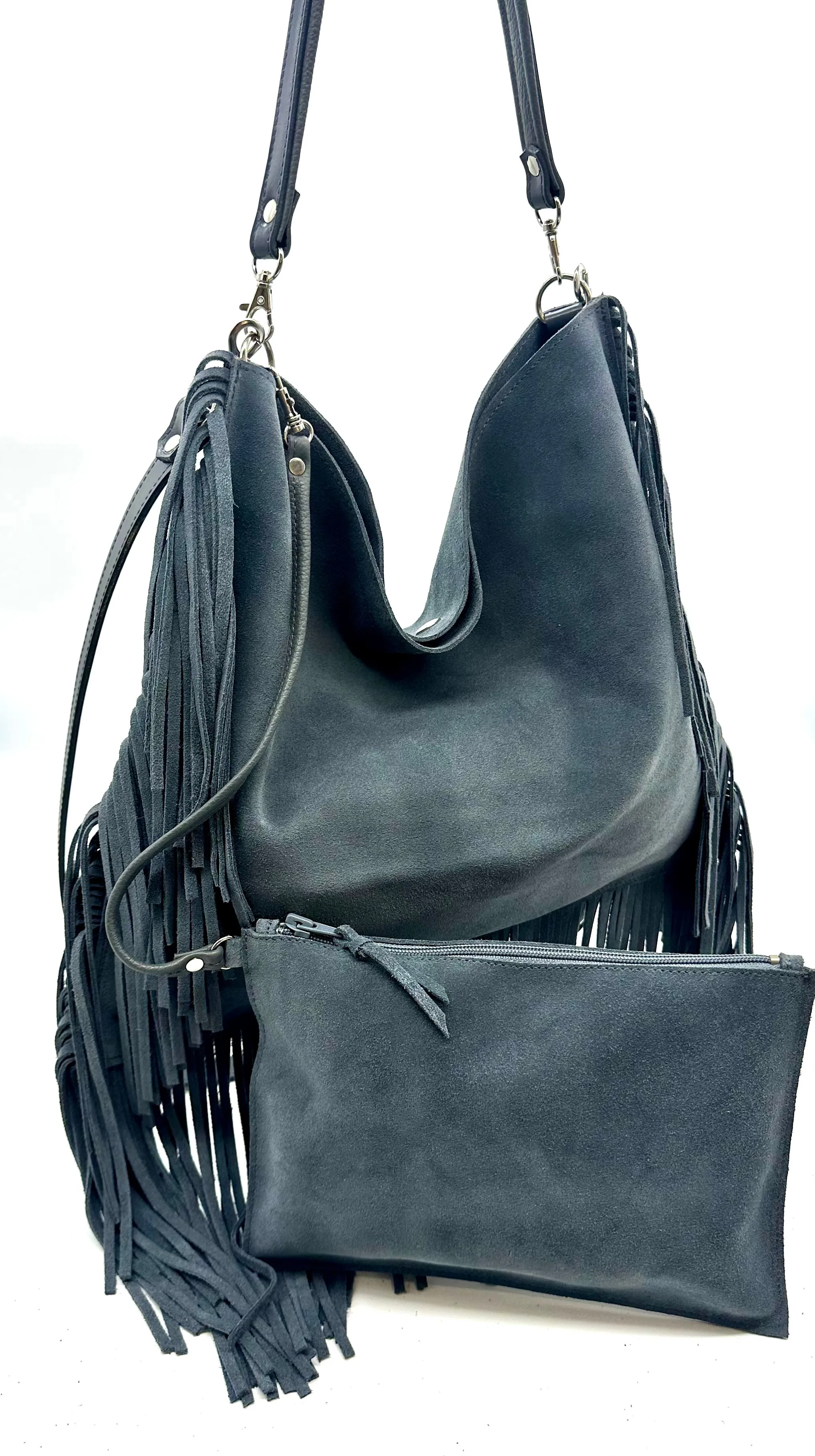 Dakota Fringed Hobo — Stormy Grey suede