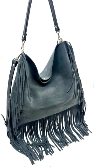 Dakota Fringed Hobo — Stormy Grey suede