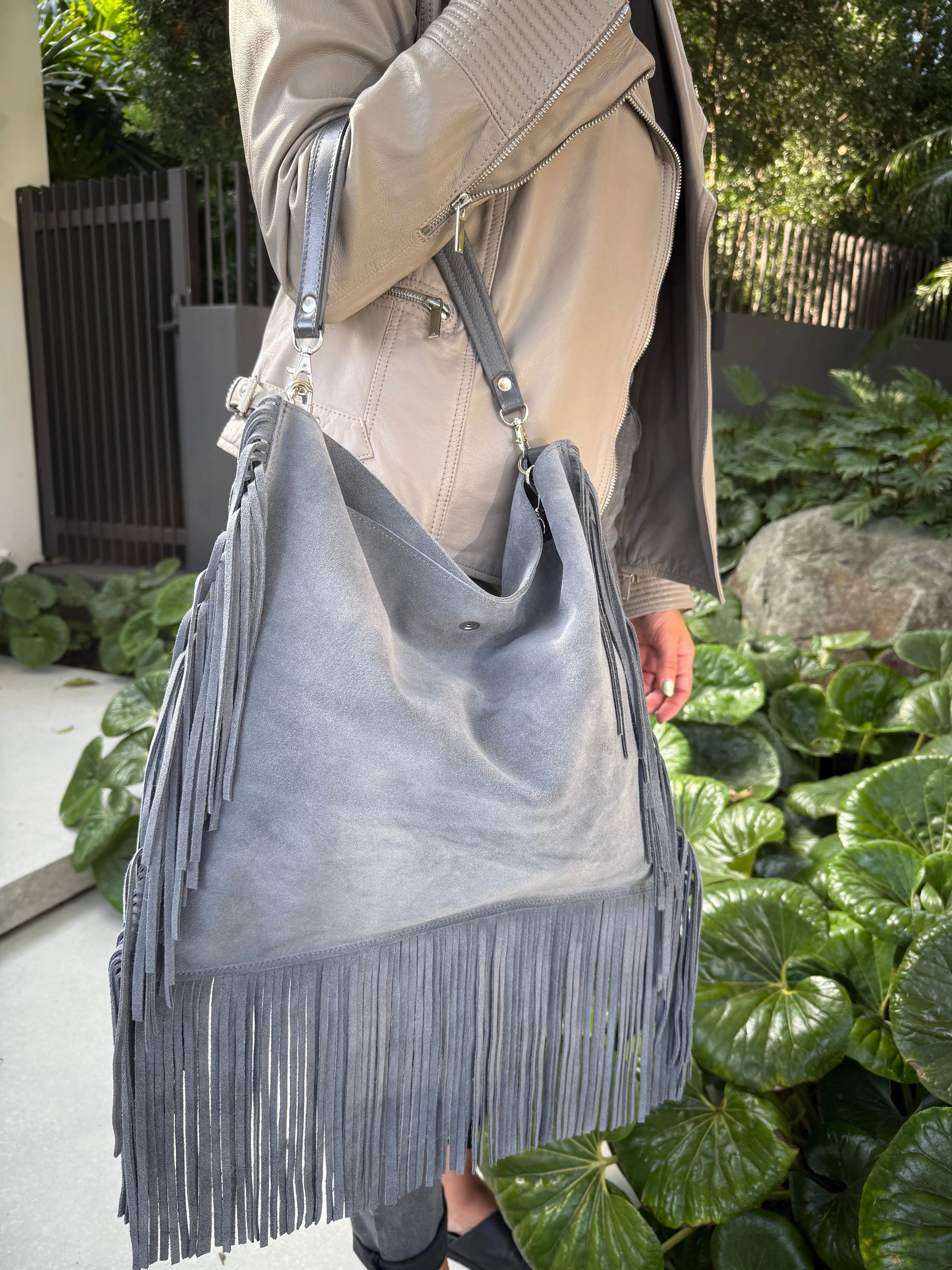 Dakota Fringed Hobo — Stormy Grey suede