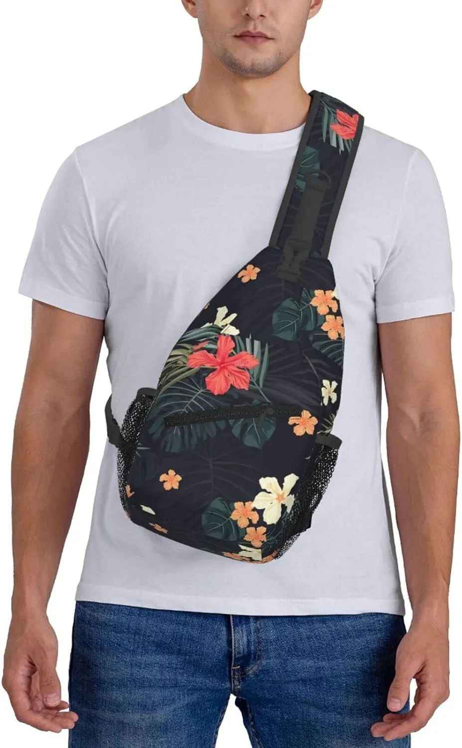 Dark Tropical Flowers Chest Sling Bag Crossbody Shoulder Backpack Bag Gym Cycling Daypack Travel Hiking Cross Bag