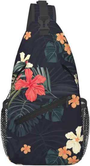 Dark Tropical Flowers Chest Sling Bag Crossbody Shoulder Backpack Bag Gym Cycling Daypack Travel Hiking Cross Bag