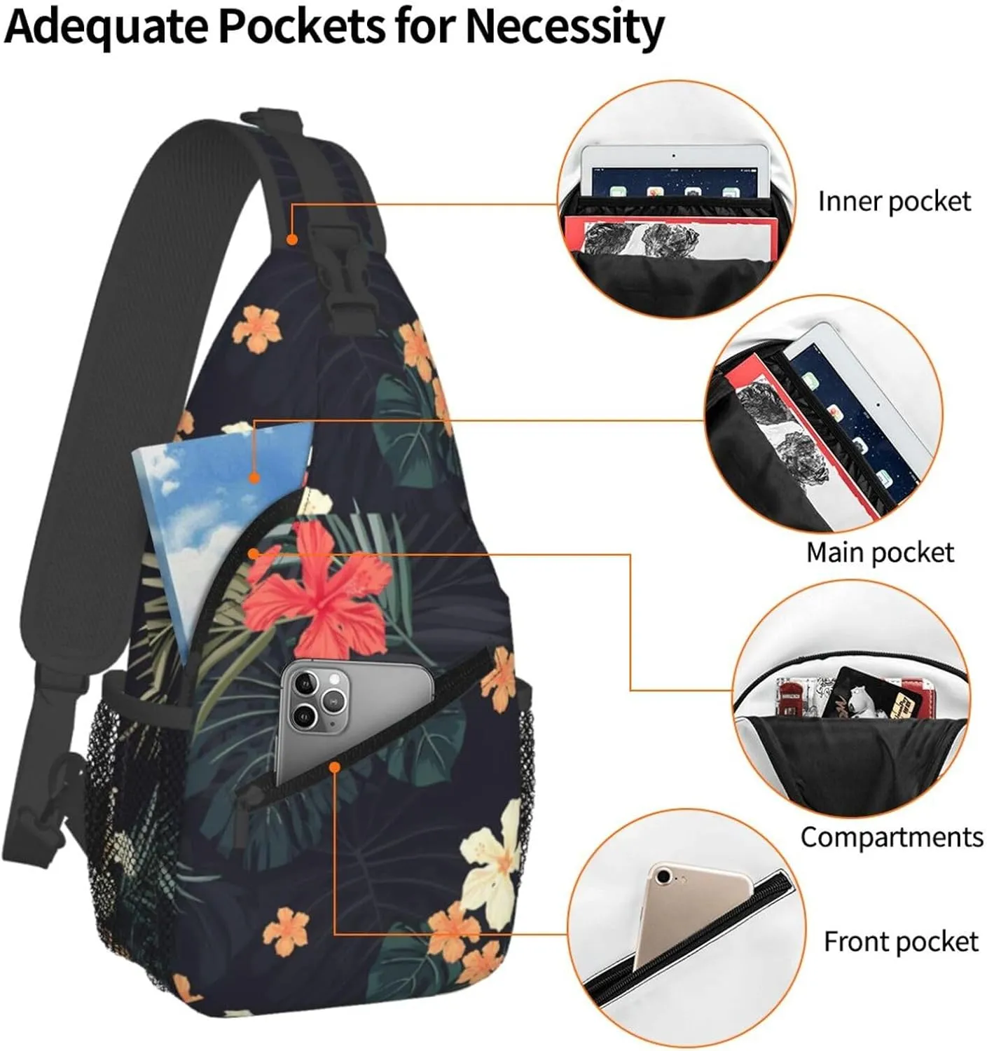Dark Tropical Flowers Chest Sling Bag Crossbody Shoulder Backpack Bag Gym Cycling Daypack Travel Hiking Cross Bag