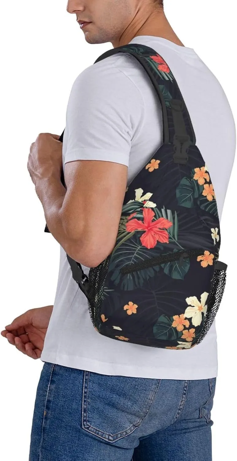 Dark Tropical Flowers Chest Sling Bag Crossbody Shoulder Backpack Bag Gym Cycling Daypack Travel Hiking Cross Bag