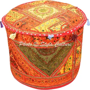 Decorative Bohemian Patchwork Pouf Cover Round Embroidered Mirror Pouffe Ottoman Multicolored Cotton Traditional Furniture Footstool Seat Puff (18x18x13) Bean Bag Living Room Decor