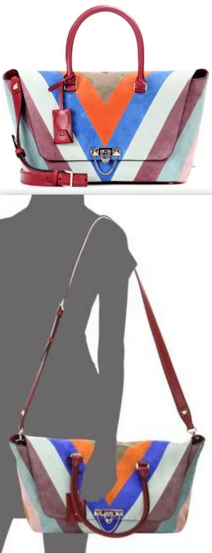 Demi Lune Color-Block Chevron Suede Satchel